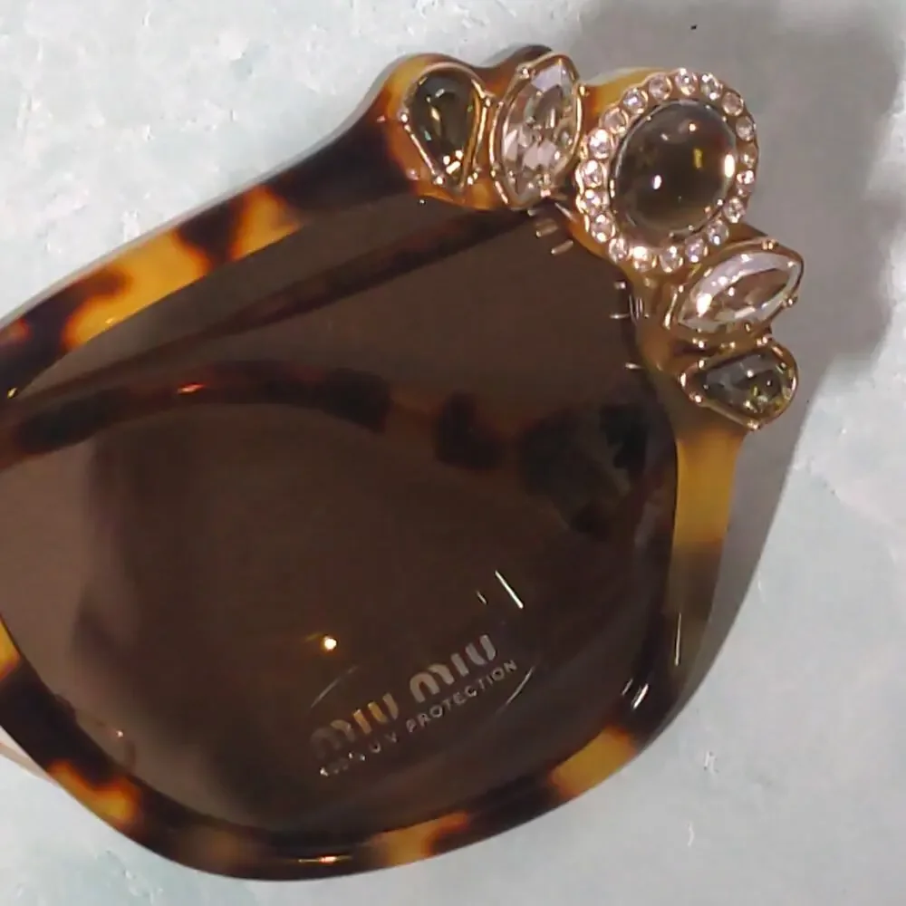 Miu Miu Light Havana Brown Sunglasses Jeweled Cat Eye 100% UV Protection